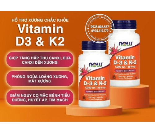 Viên uống Vitamin D3 K2 1000iu 45mcg 120 viên của Now Mỹ